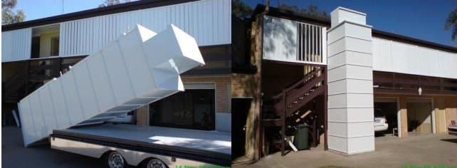 A lift shaft lying on a trailer beside a house, and the same external lift standing against the house