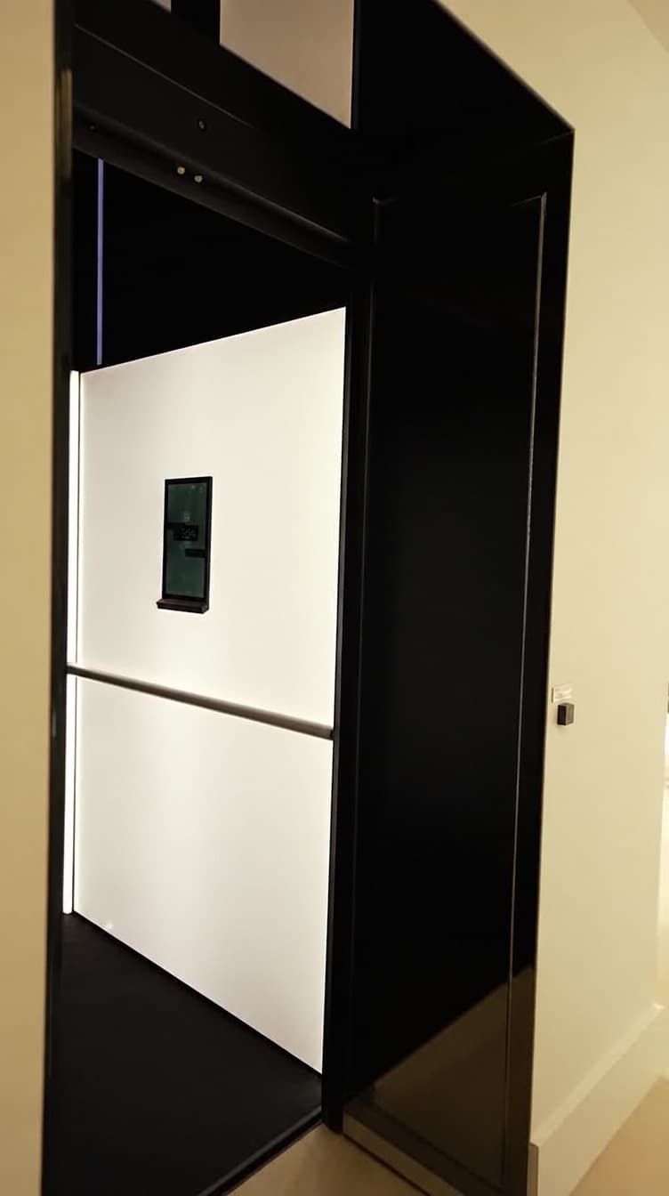 A Jet Black Swift Pro XL home lift with the door open, showing the illuminated white Electric Opal artwall, metallic handrail and touchscreen, set into a cream wall in a Broadbeach penthouse on the Gold Coast