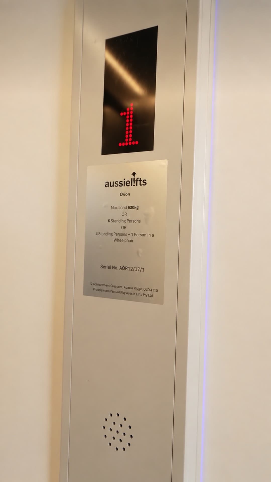 Aussie Lifts Orion capacity plaque and floor indicator on the Custom Orion at Burleigh Pavilion, Gold Coast, manufactured in Brisbane
