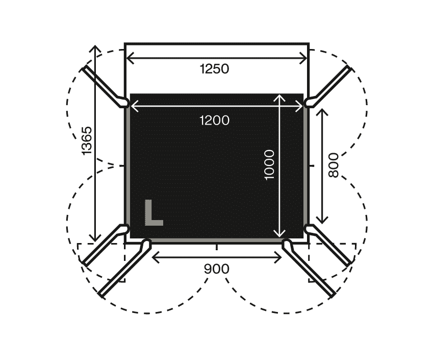 Swift Pro size L plan view. Car floor 1200 x 1000 mm, shaft and door swing dimensions, hole through floor 1310 x 1425 mm.