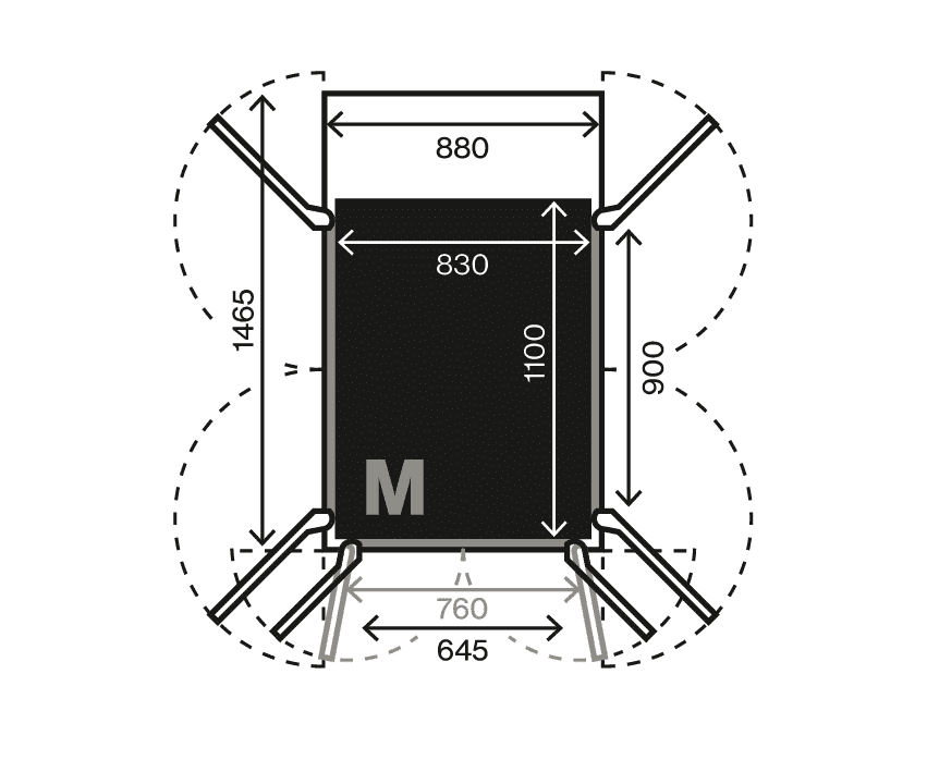 Swift Pro size M plan view. Car floor 830 x 1100 mm, shaft and door swing dimensions, hole through floor 940 x 1525 mm.