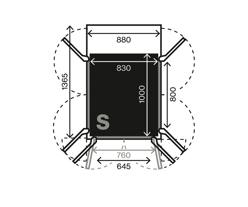 Swift Pro size S plan view. Car floor 830 x 1000 mm, shaft and door swing dimensions, hole through floor 940 x 1425 mm.
