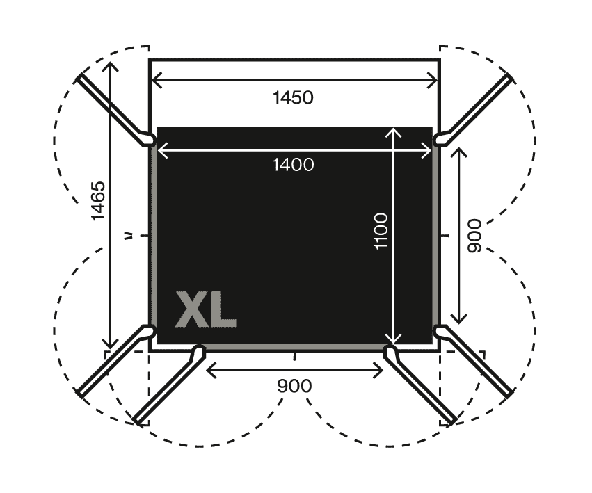 Swift Pro size XL plan view. Car floor 1400 x 1100 mm, shaft and door swing dimensions, hole through floor 1510 x 1525 mm.