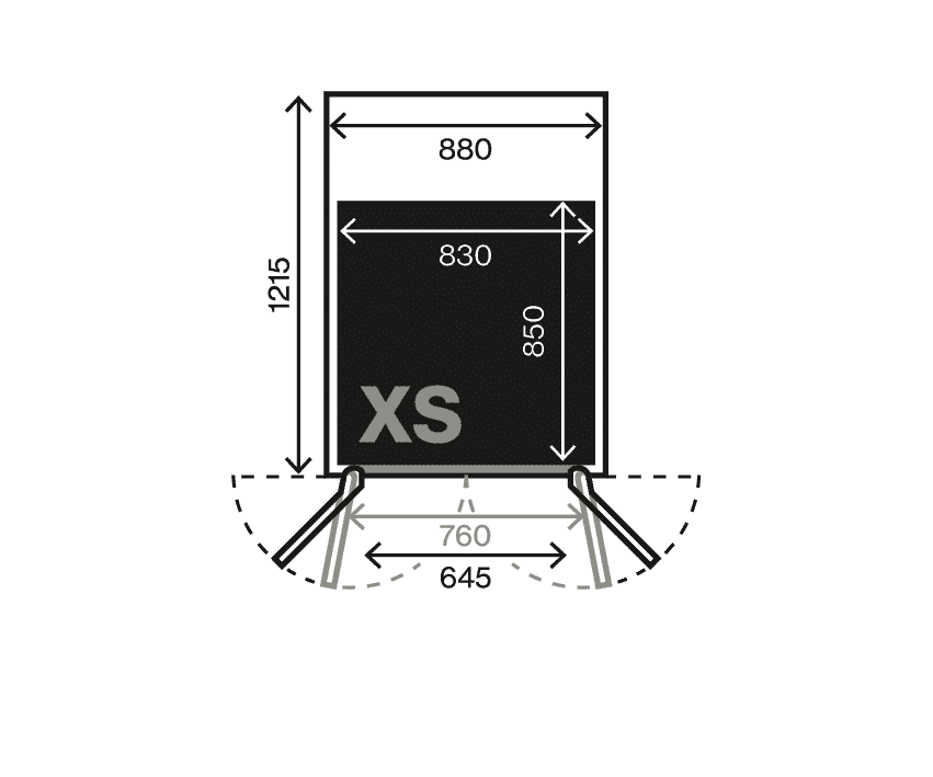 Swift Pro size XS plan view. Car floor 830 x 850 mm, shaft and door swing dimensions, hole through floor 940 x 1275 mm.