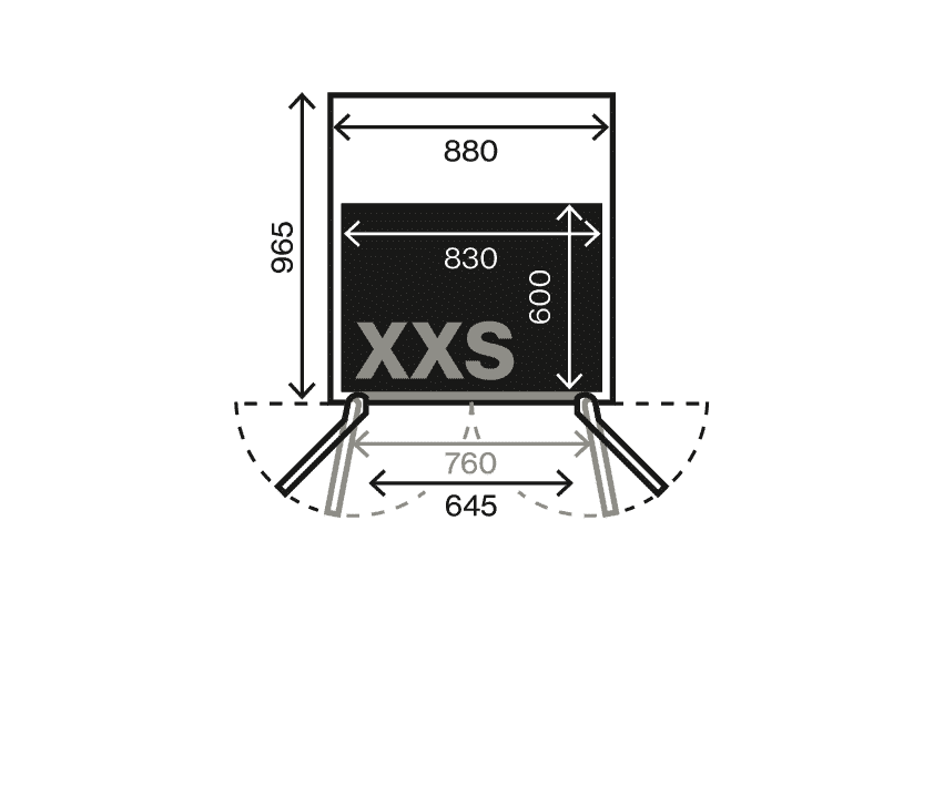 Swift Pro size XXS plan view. Car floor 830 x 600 mm, shaft and door swing dimensions, hole through floor 940 x 1025 mm.